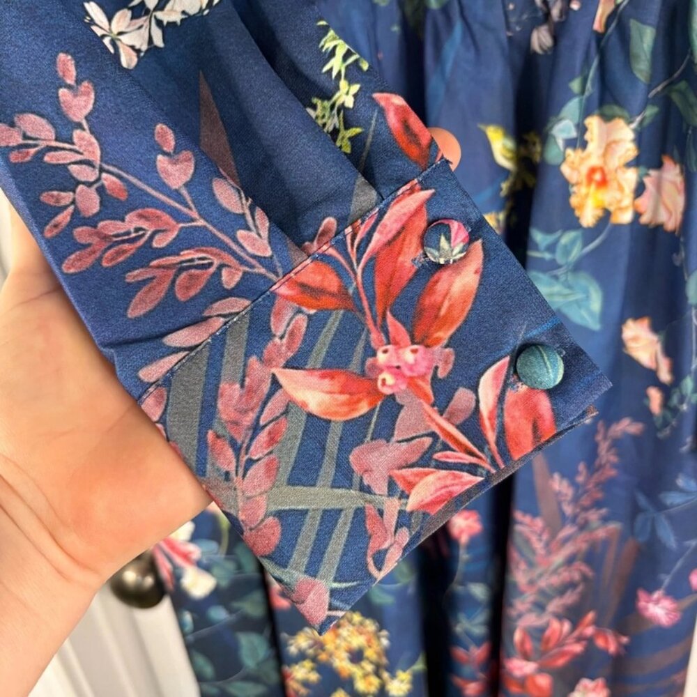 NWT Dalia Macphee Womens Navy Multi Long Sleeve Tie Neck Floral Maxi Dress Sz L - Picture 12 of 15